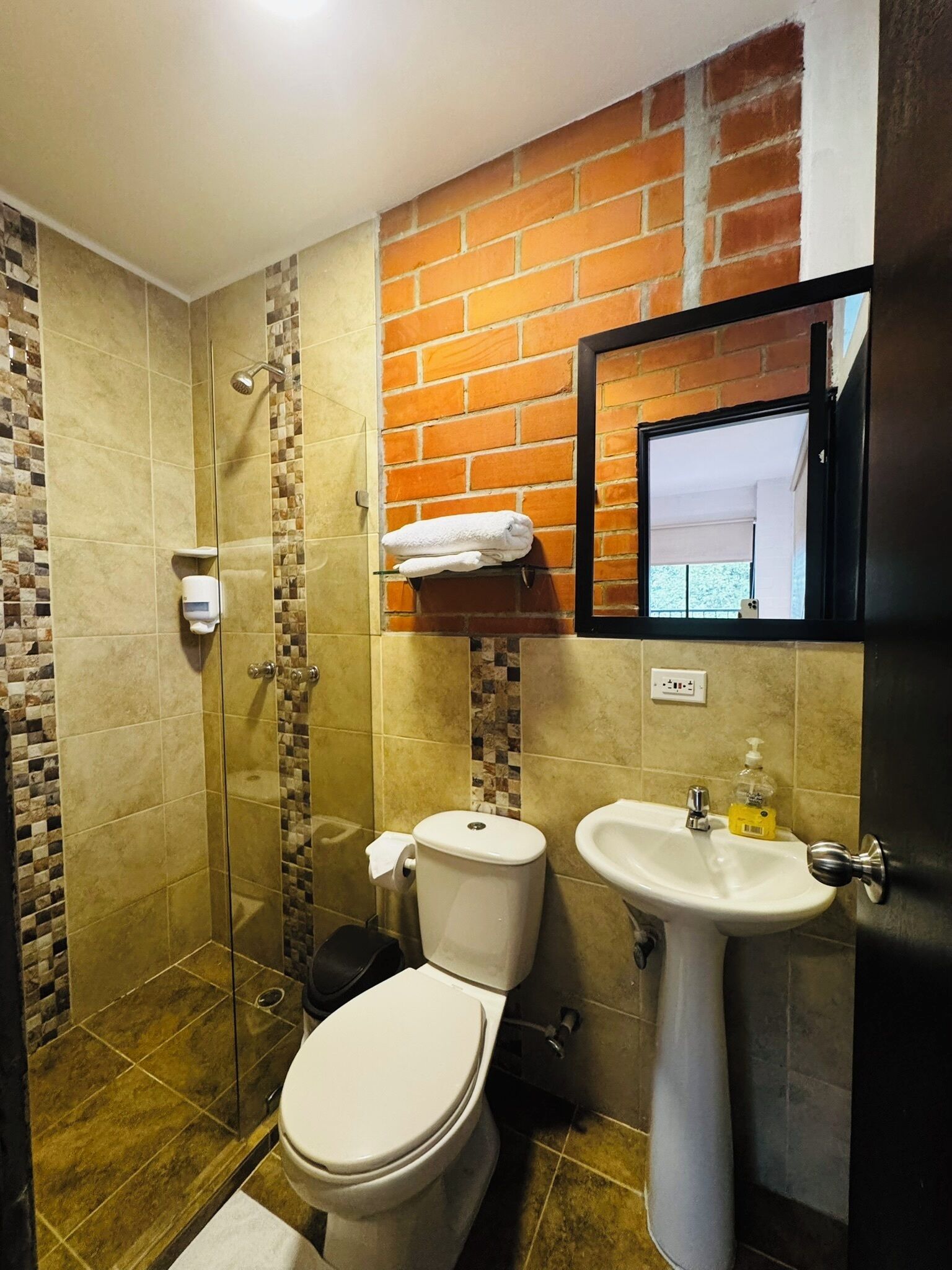 Casa de banho com chuveiro em cabine de vidro, sanita, lavatório e espelho.