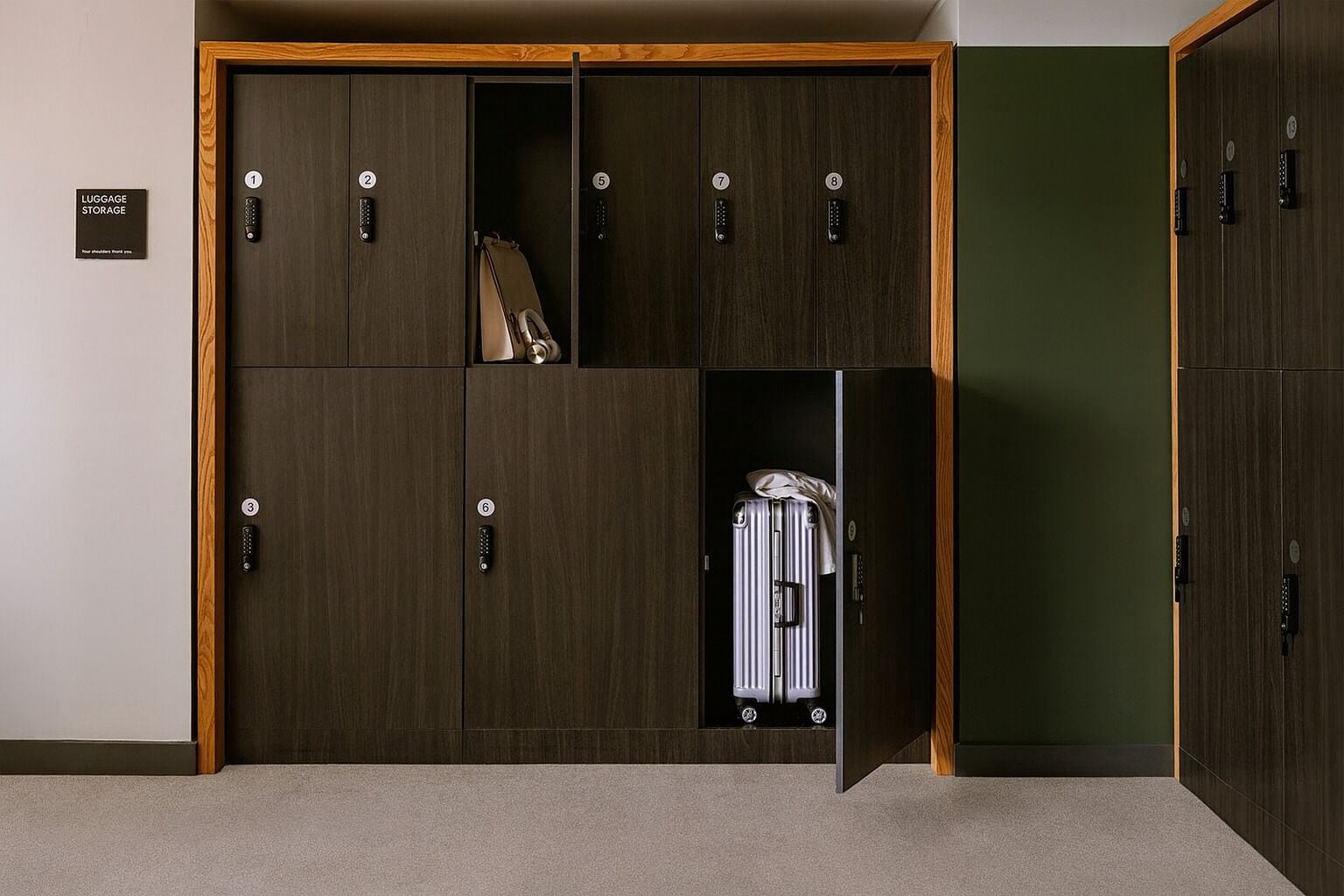 A room with a large wardrobe featuring multiple compartments, each with a numbered lock.
