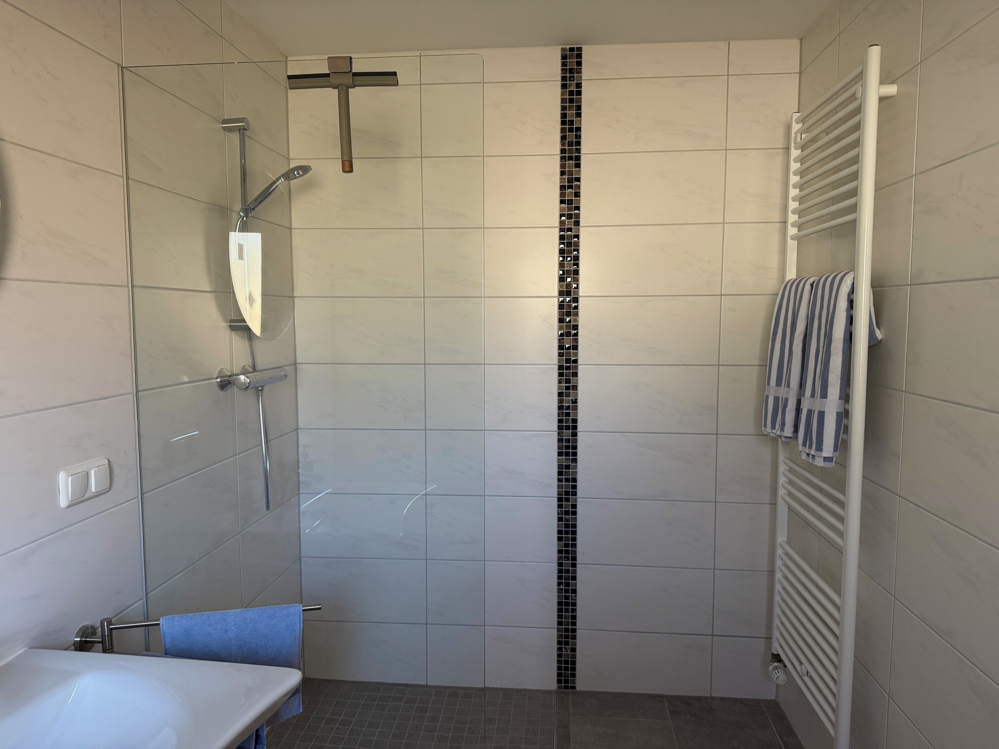 Chuveiro, secador de cabelo, toalhas de banho, papel higiênico