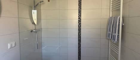 Shower, hair dryer, towels, toilet paper