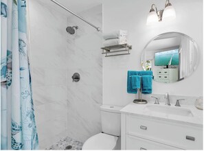 Hair dryer, towels, soap, toilet paper