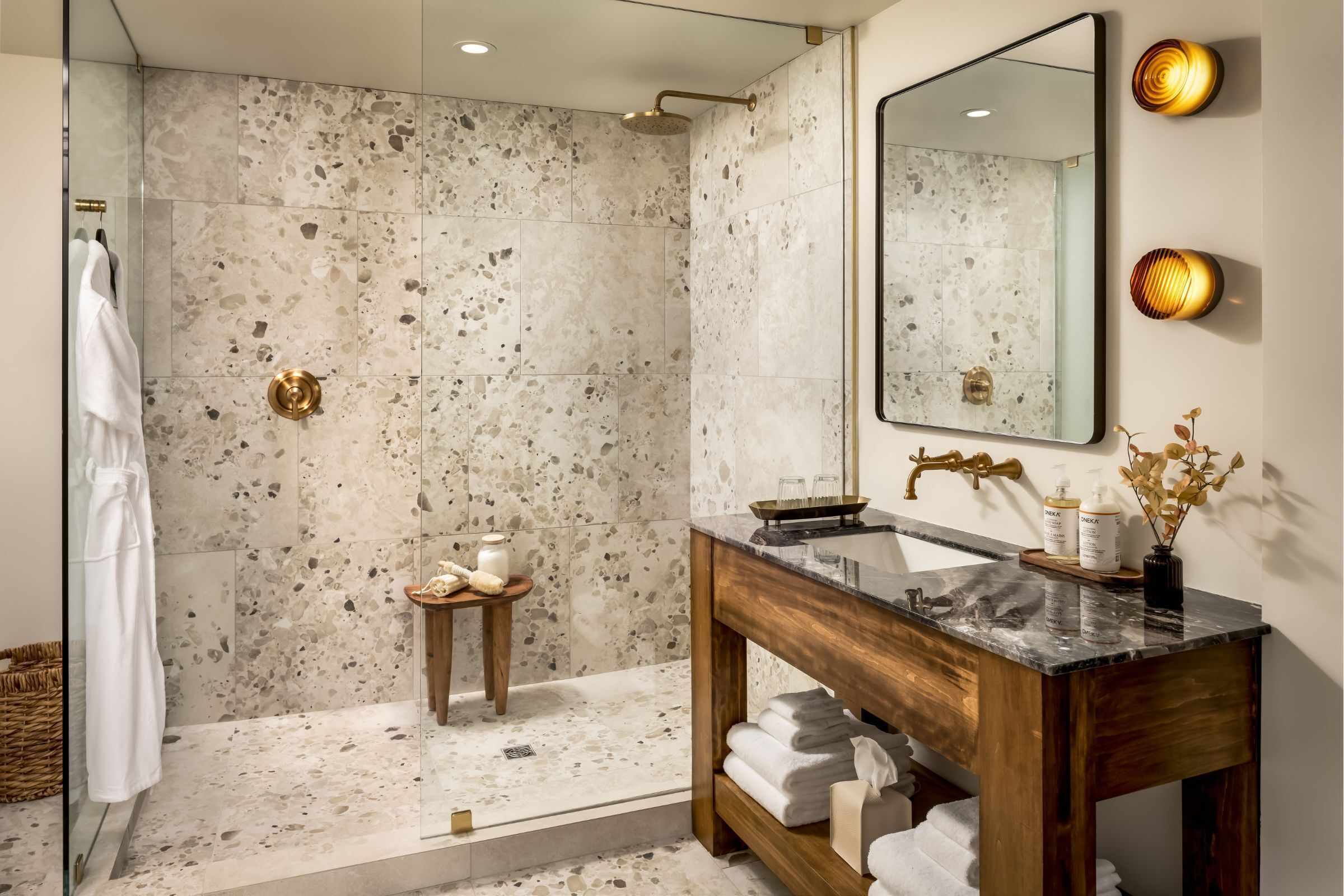 Signature Suite, 1 King Bed | Bathroom | Shower, designer toiletries, hair dryer, bathrobes