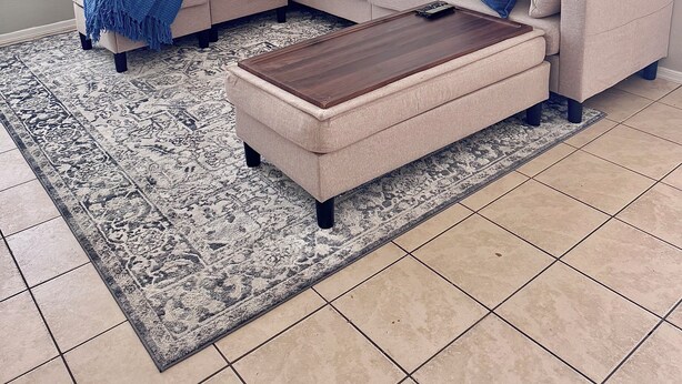 A living room with a sectional sofa, a coffee table, a patterned rug, a painting on the wall, and a window with blinds. - new listing (Phoenix)