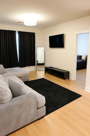 Een moderne woonkamer met een grijze bank, een zwart tapijt, een flatscreen televisie en een spiegel.