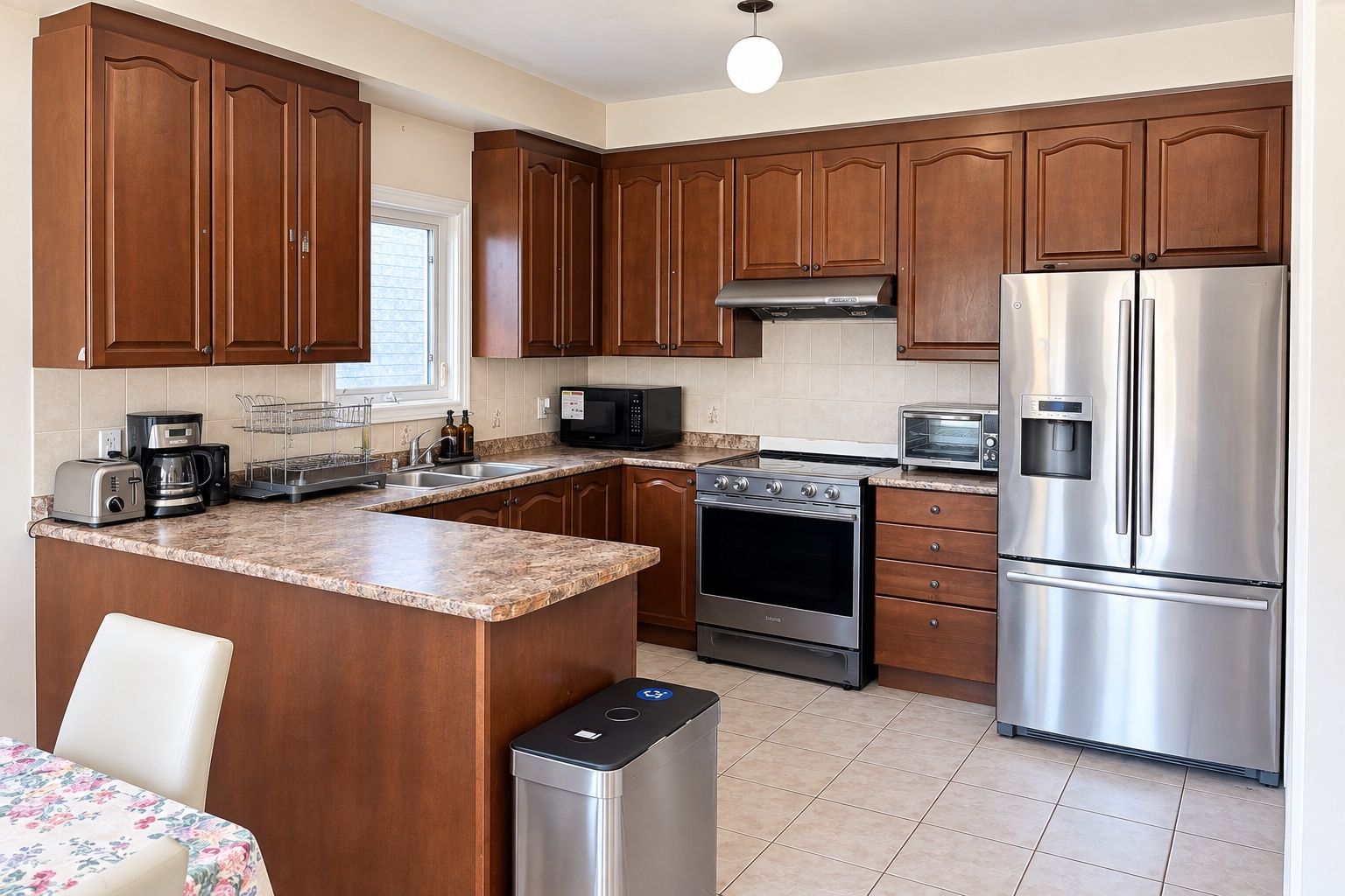 A kitchen with wooden cabinets, a stainless steel refrigerator, a built-in oven, and a coffee maker.