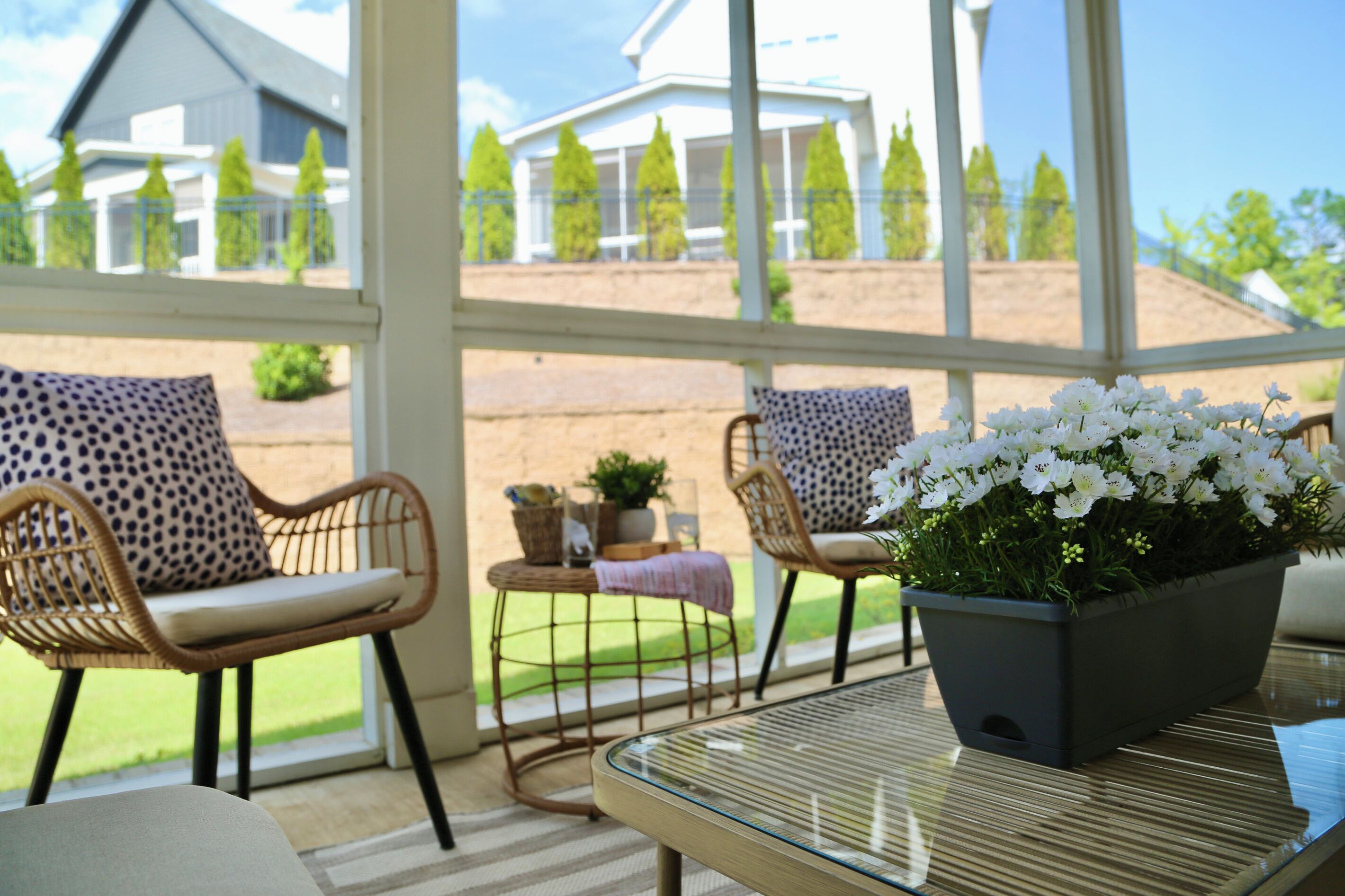 A sunlit room with wicker chairs, a glass table, and a potted plant with white flowers.
