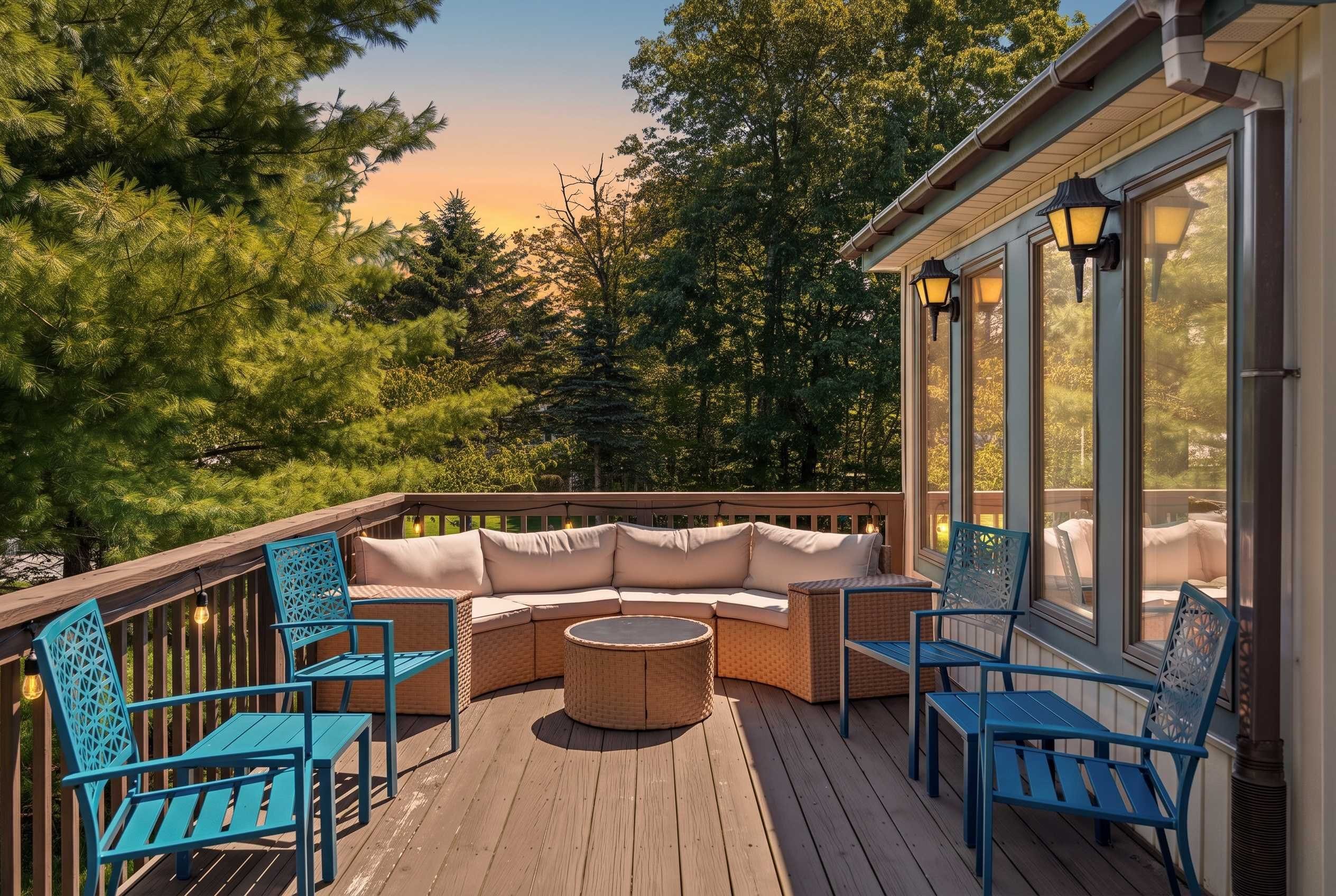 Una terraza de madera con un sofá curvo, dos sillones y una mesa redonda.
