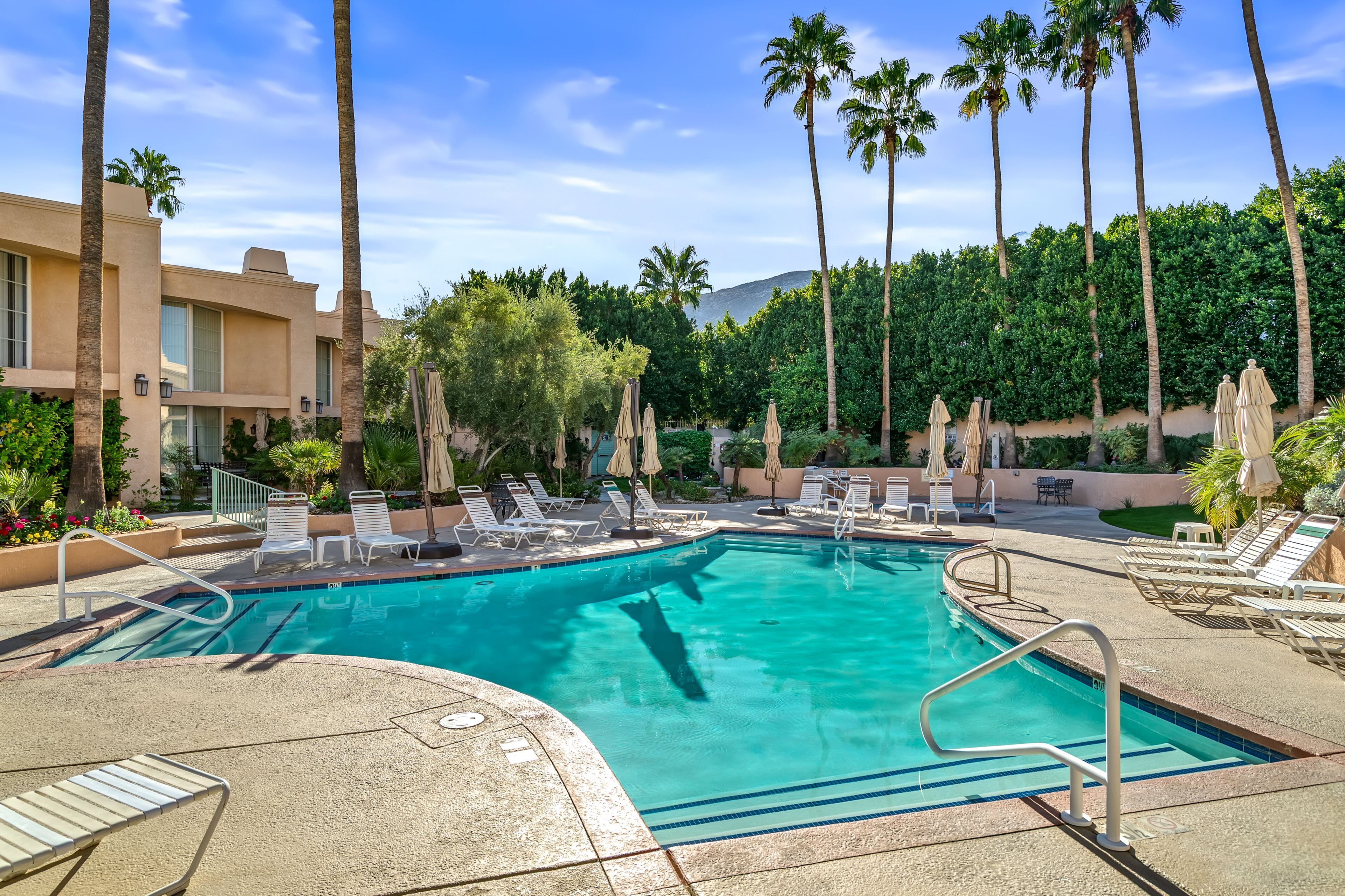 A swimming pool with lounge chairs and umbrellas, surrounded by palm trees and a building.