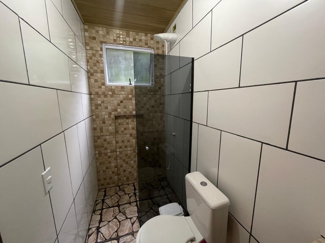 A small bathroom with a toilet, a shower, and a window.