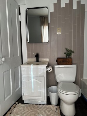 Hair dryer, towels, soap, toilet paper