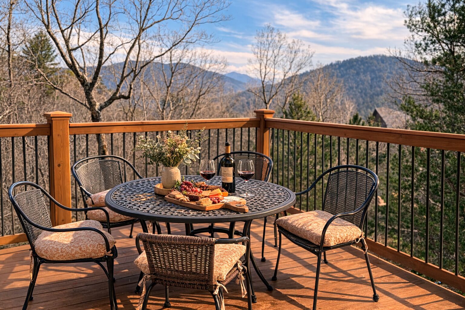 A deck with a round table, four chairs, a vase with flowers, and a bottle of wine.