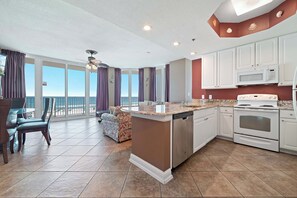 Fridge, microwave, oven, stovetop - Lighthouse 318 | Beachfront | Corner Condo | My Beach Getaways (Gulf Shores)