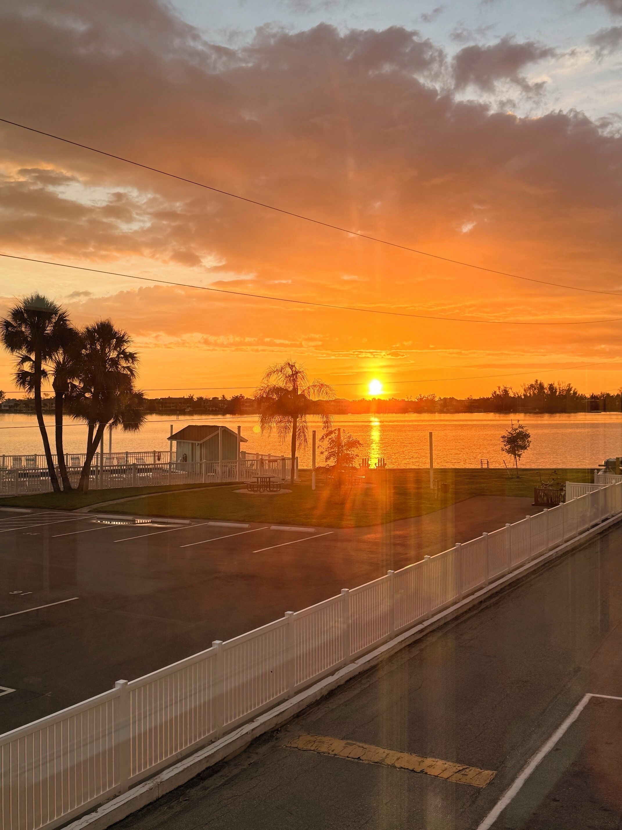 A sunset view from a road with a white fence, palm trees, and a body of water.