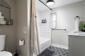 Hair dryer, towels, soap, toilet paper