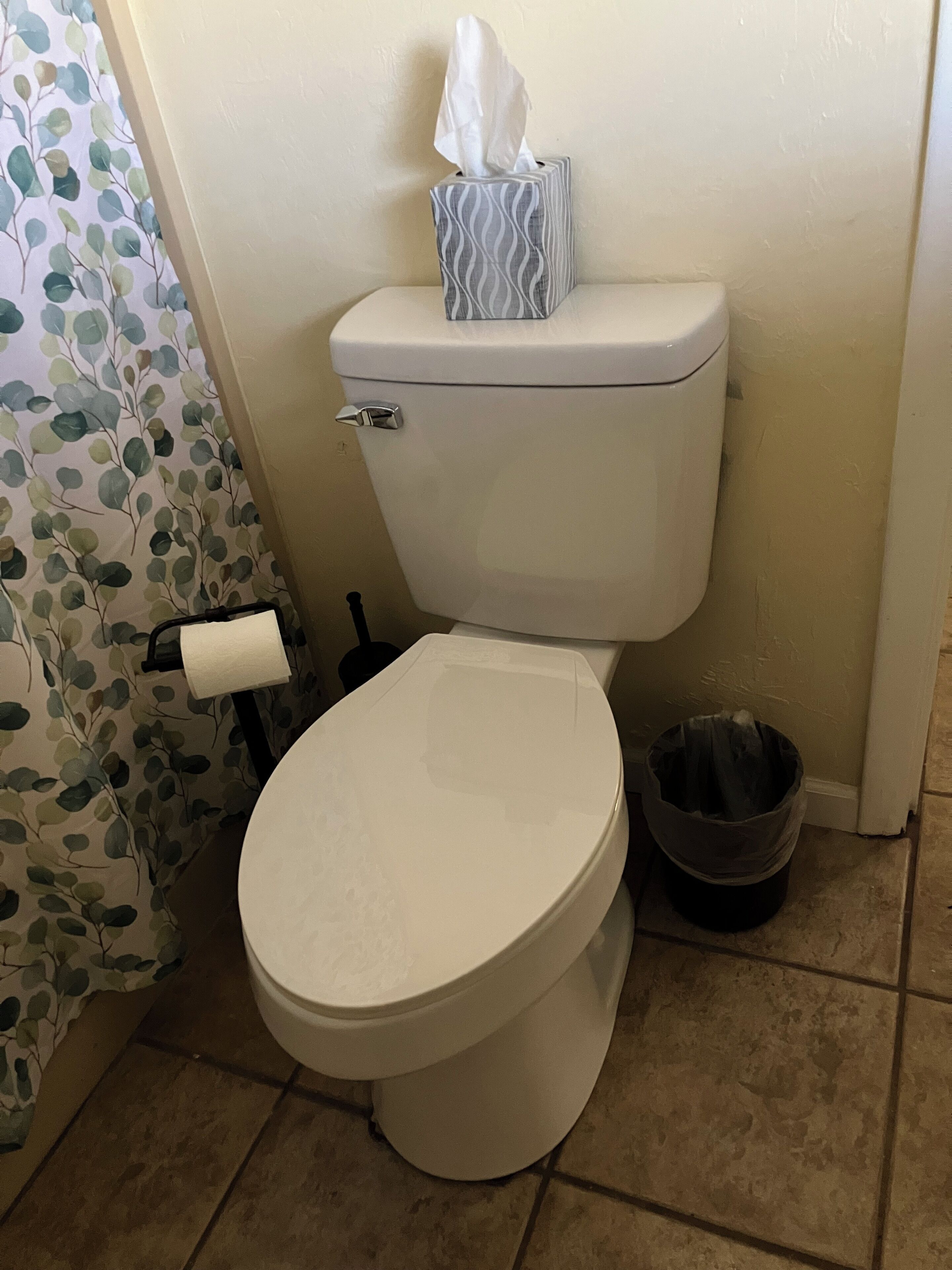 A toilet with a tissue box on top, a toilet paper roll, and a trash can.