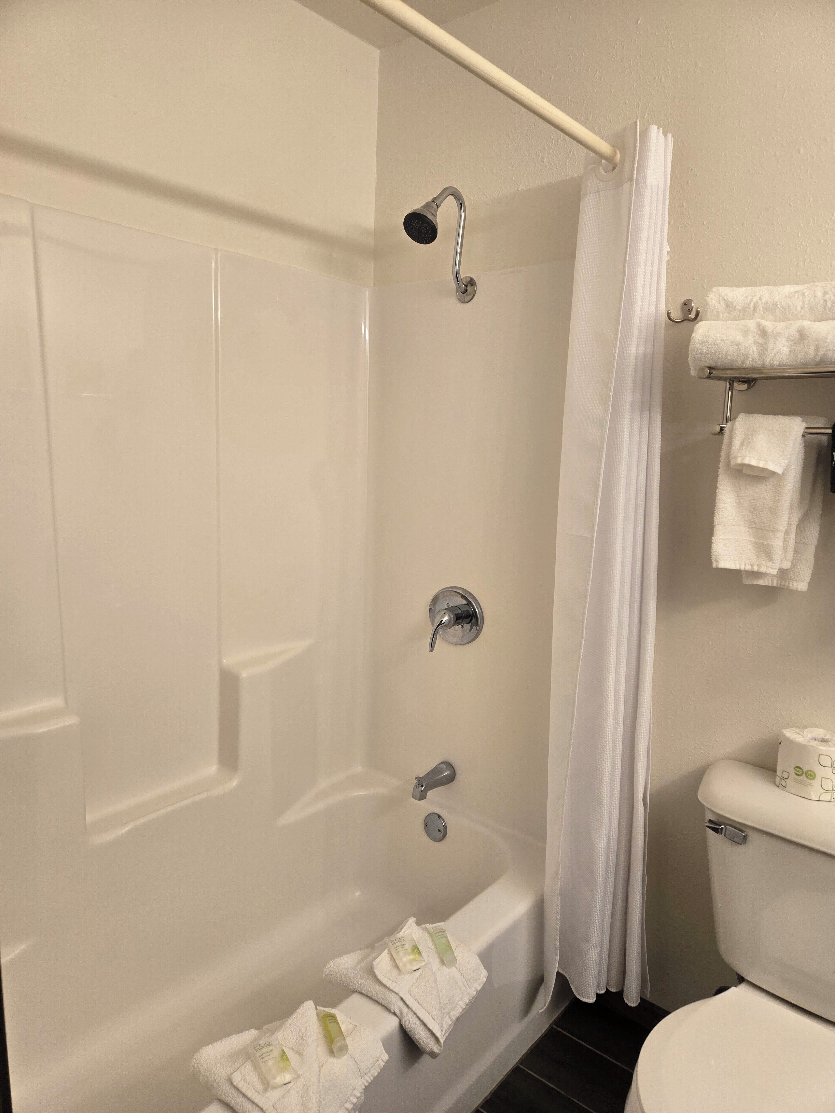 Une salle de bain équipée d’une baignoire, d’une douche, de toilettes et d’un porte-serviettes.