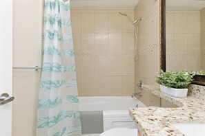 Douche, séchoir à cheveux, serviettes fournies, savon