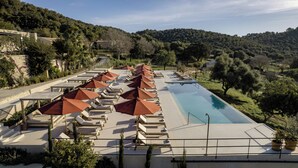 A poolside area with sun loungers and umbrellas, surrounded by greenery and hills. - The Lodge Mallorca (Sa Pobla)