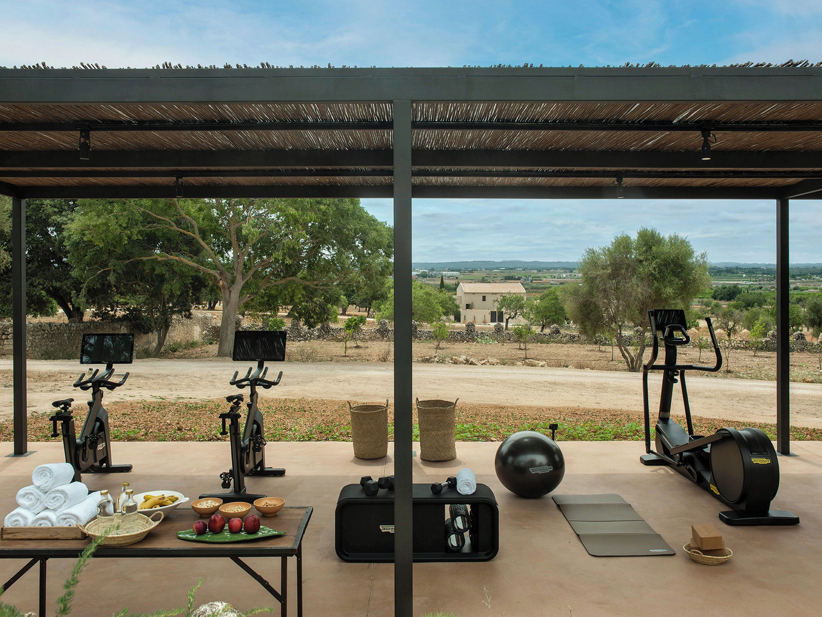 Un gimnasio al aire libre con equipo de ejercicio, una mesa con toallas y frutas, y vistas al campo.