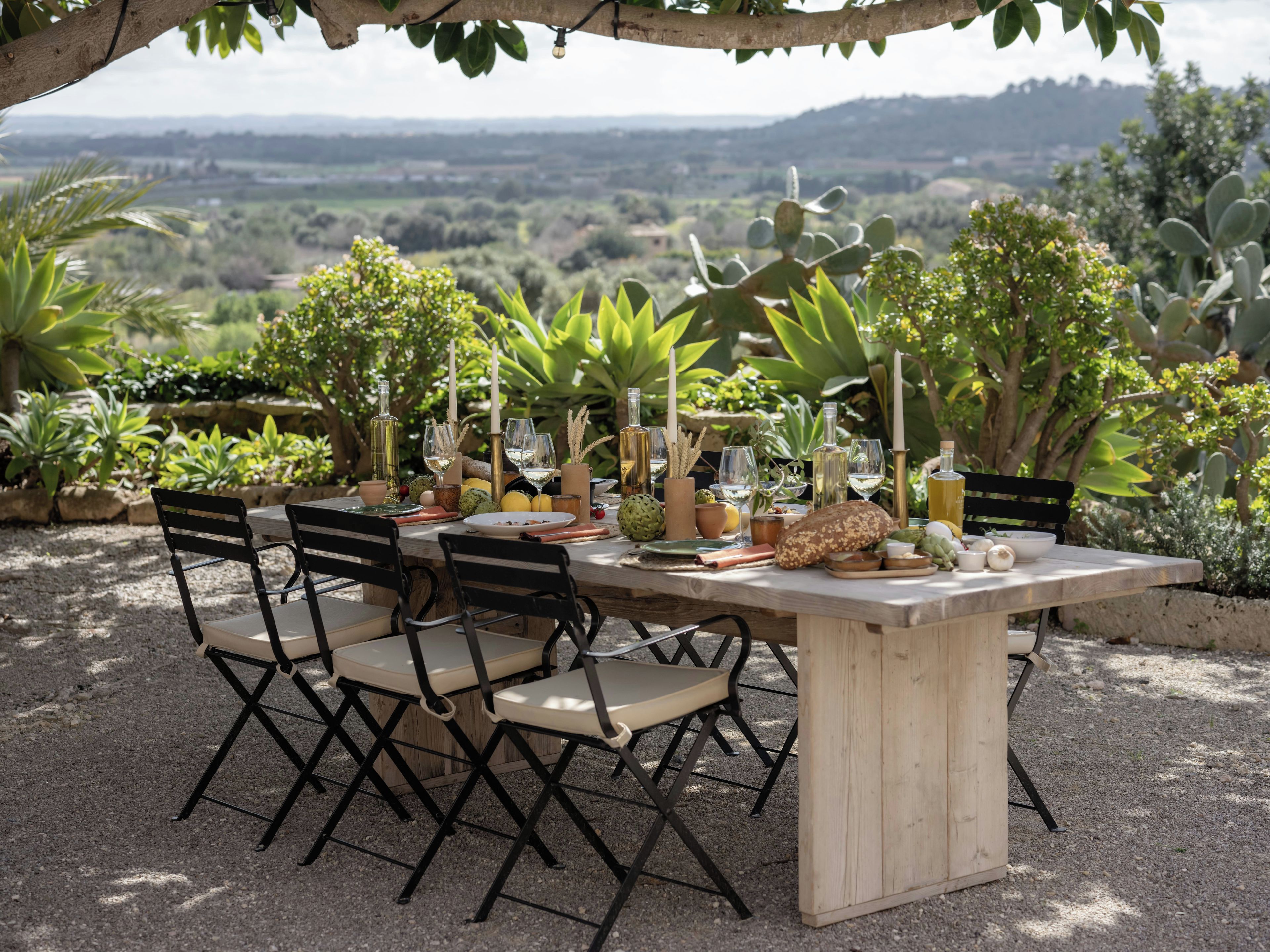 An outdoor dining table set up with chairs, surrounded by various plants and a scenic view in the background.