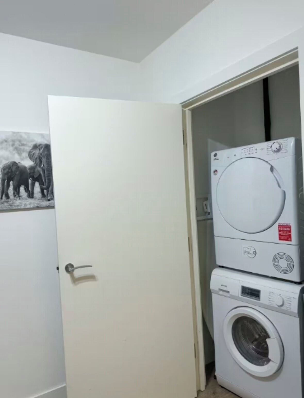 Una sala de bugaderia amb una rentadora i una assecadora apilades, una porta blanca i una paret amb una fotografia de fauna.