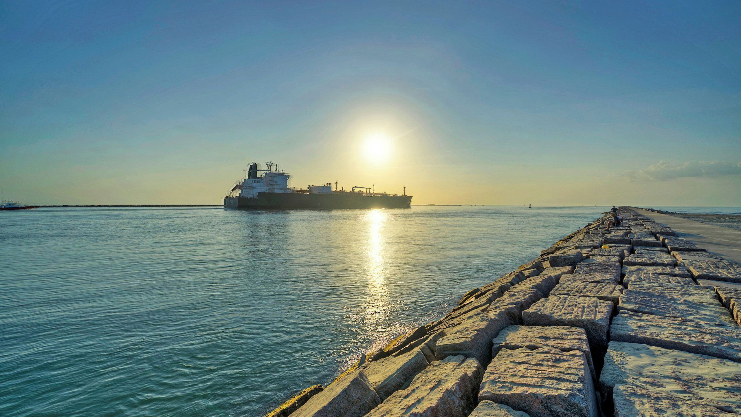 A pier extending into calm waters with a large ship in the distance and a clear sky.