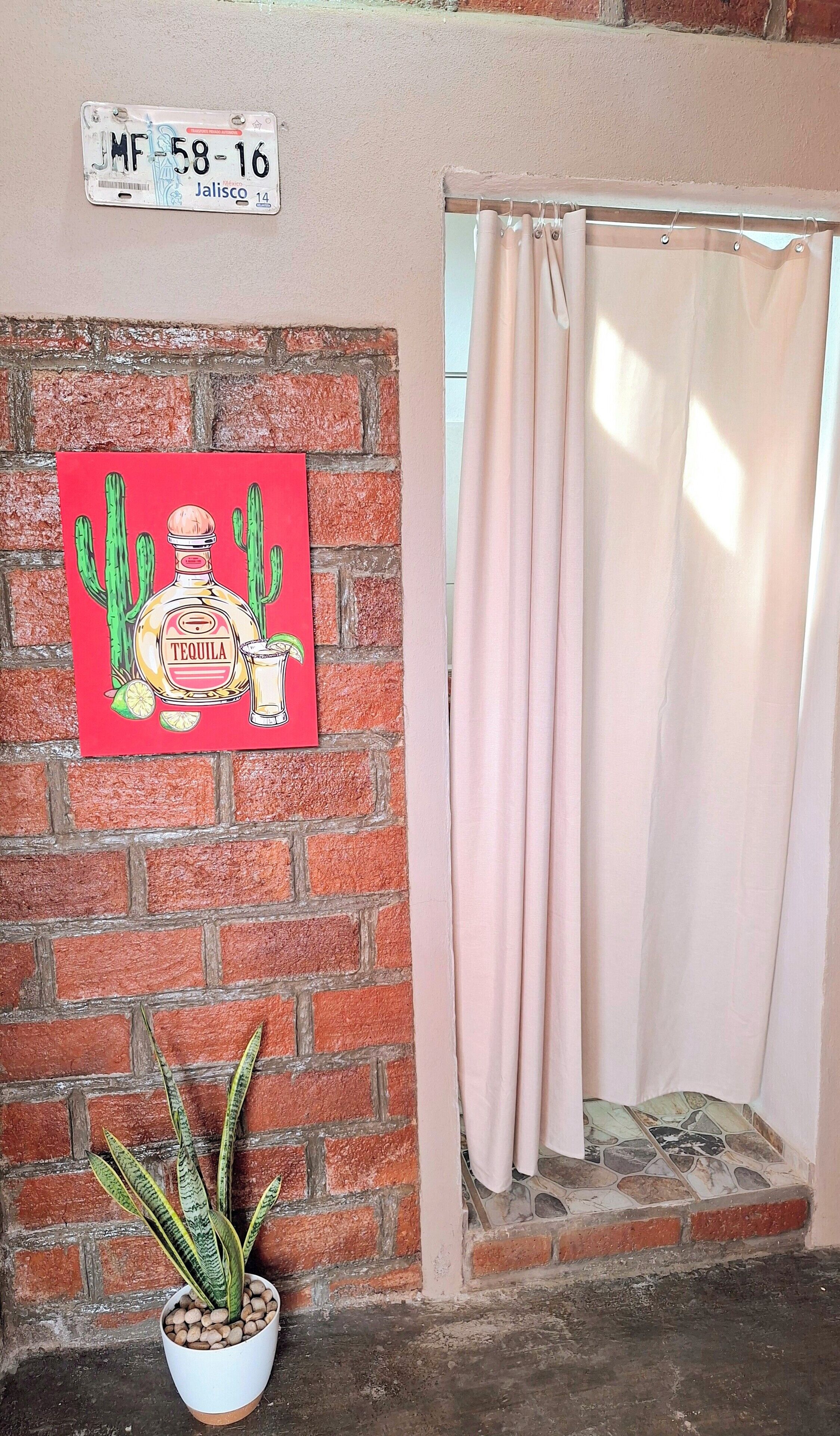 Pared con una placa de matrícula, un mural de una botella de tequila y cactus, una planta en maceta y una ventana con cortina.
