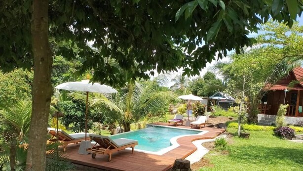 A pool area with lounge chairs and umbrellas, surrounded by lush greenery and a wooden deck. - Jepun Sesandan Yoga & Retreat (Selemadeg)