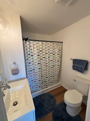 Douche, serviettes fournies, savon, papier de toilette