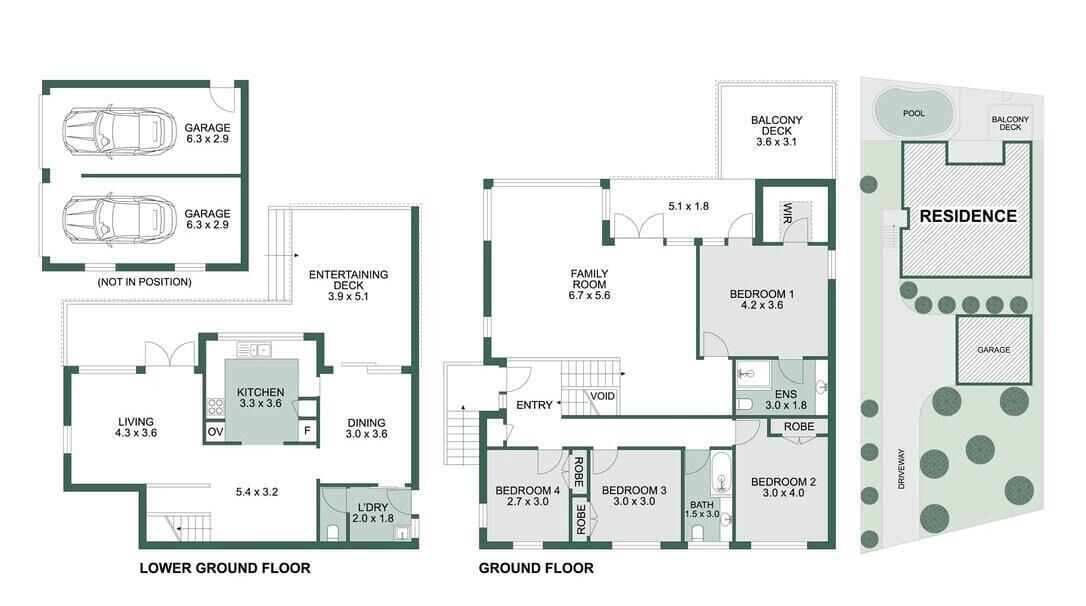 A floor plan of a residence with two garages, an entertainment deck, a dining area, a kitchen, a living room, and three bedrooms.
