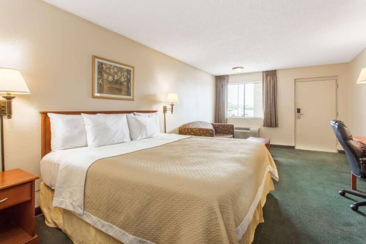 A hotel room with a large bed, a desk, a chair, a window, and a door.
