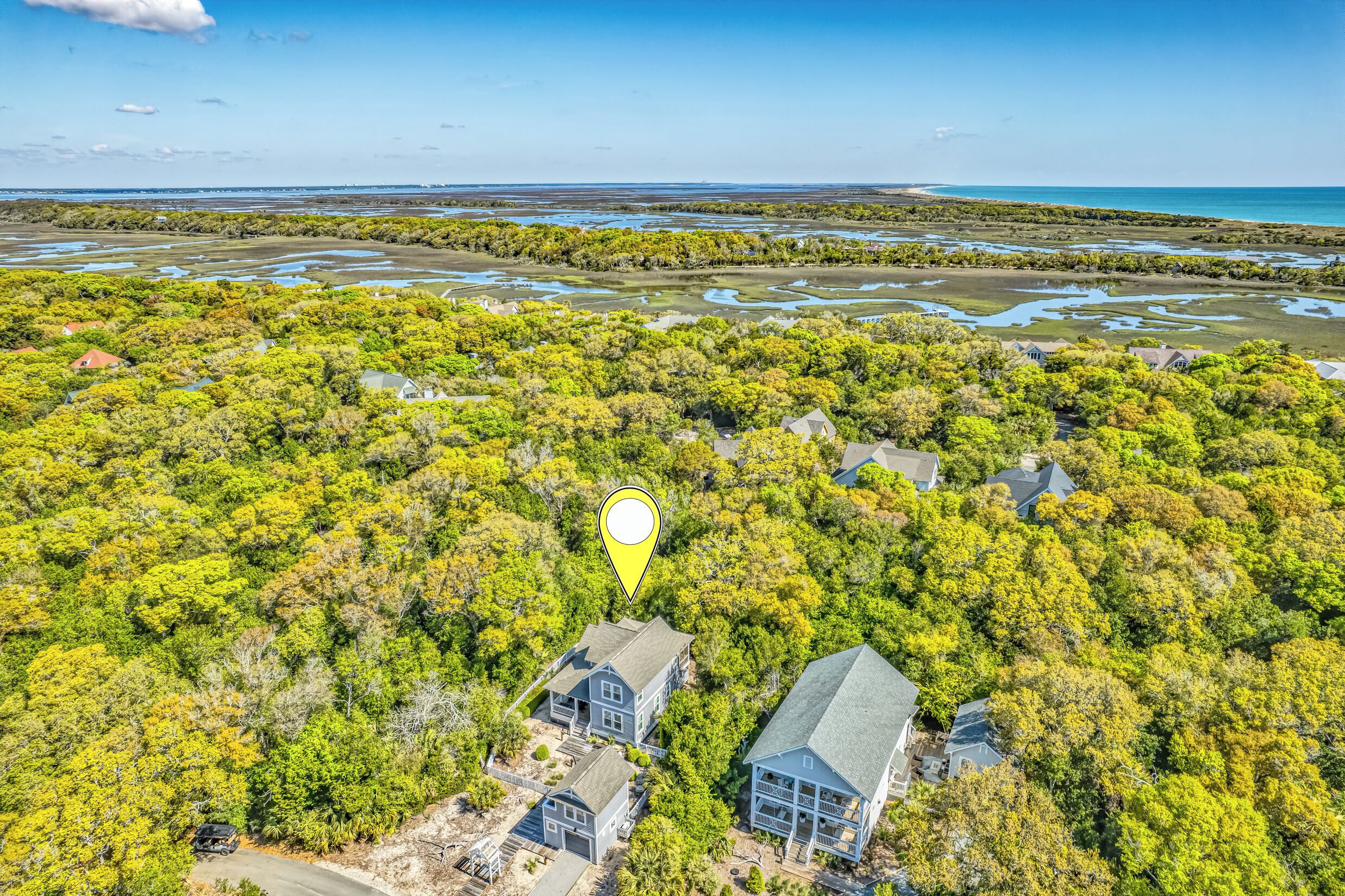 An aerial view of a residential area with two houses surrounded by dense greenery and wetlands.