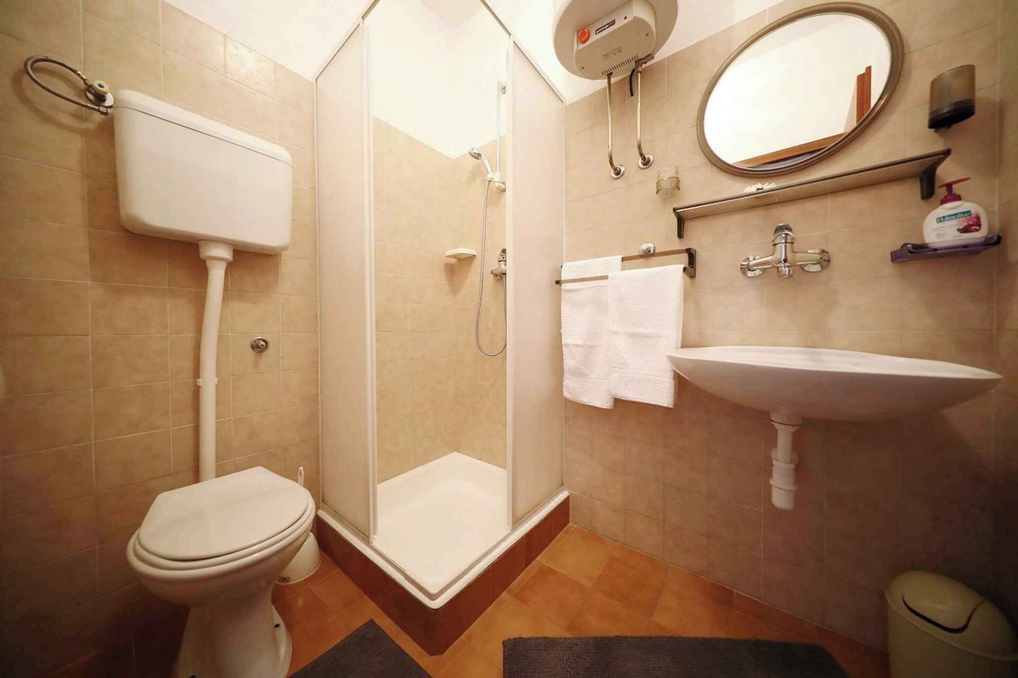 A bathroom with a toilet, a shower, a sink, and a mirror.