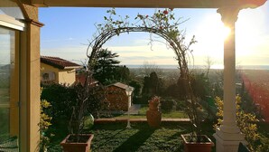 Ein Garten mit einer Pergola, Kübelpflanzen und Blick auf eine entfernte Stadtlandschaft.