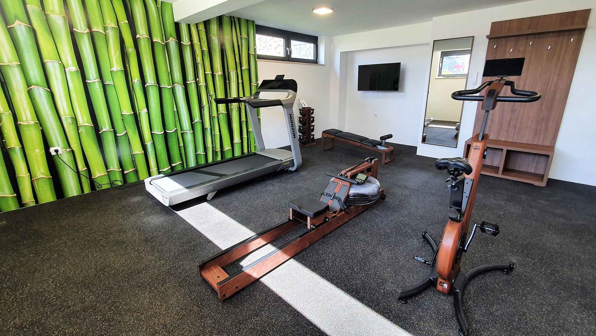 Ein Fitnessraum mit Laufband, Crosstrainer, Rudergerät und Ergometer.