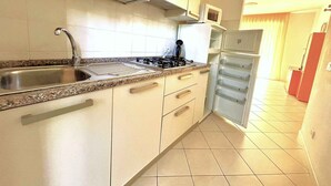 Una cocina con un lavamanos de acero inoxidable, una estufa a gas y un refrigerador empotrado.
