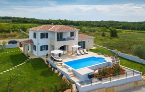 A two-story house with a swimming pool, surrounded by a well-maintained lawn and a vineyard in the background. - Villa with pool and breathtaking views of the Mirna Valley (Vižinada)