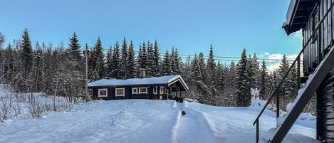 A log cabin with a snow-covered roof, surrounded by a forest.