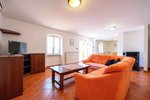 A living room with a sofa, a coffee table, a TV, and a fireplace. - Holiday apartment with air conditioning (Umag)