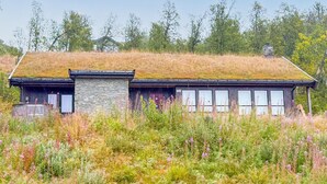 Ett modernt hus med ett grästak, omgivet av vilda blommor och träd.