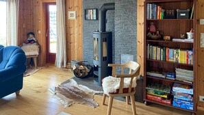 Un salon chaleureux avec une cheminée en pierre, une bibliothèque remplie de livres et un fauteuil bleu.