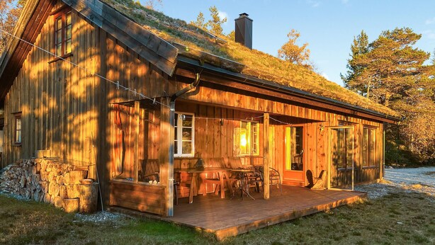 Une cabane en bois avec un toit de chaume, une terrasse dotée de meubles d’extérieur et une cheminée.