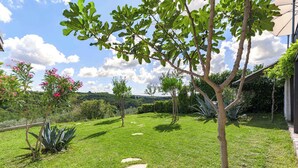 Un jardin bien entretenu, avec un chemin bien défini, diverses plantes et une vue sur le paysage environnant.