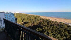 A balcony with a view of a beach and forest. - Holiday flat with air conditioning and balcony with sea view (Lignano Sabbiadoro)