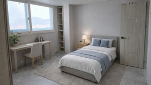 A bedroom with a bed, a desk, a chair, a nightstand, and a wardrobe. - Bright & Quiet Easily access to seoul– Monthly Stay (30+ Nights) (Yangju-si)