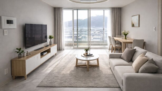 A modern living room with a flat-screen TV, a wooden cabinet, a round coffee table, a beige sofa, and a large window with a view of a cityscape. - Bright & Quiet Easily access to seoul– Monthly Stay (30+ Nights) (Yangju-si)