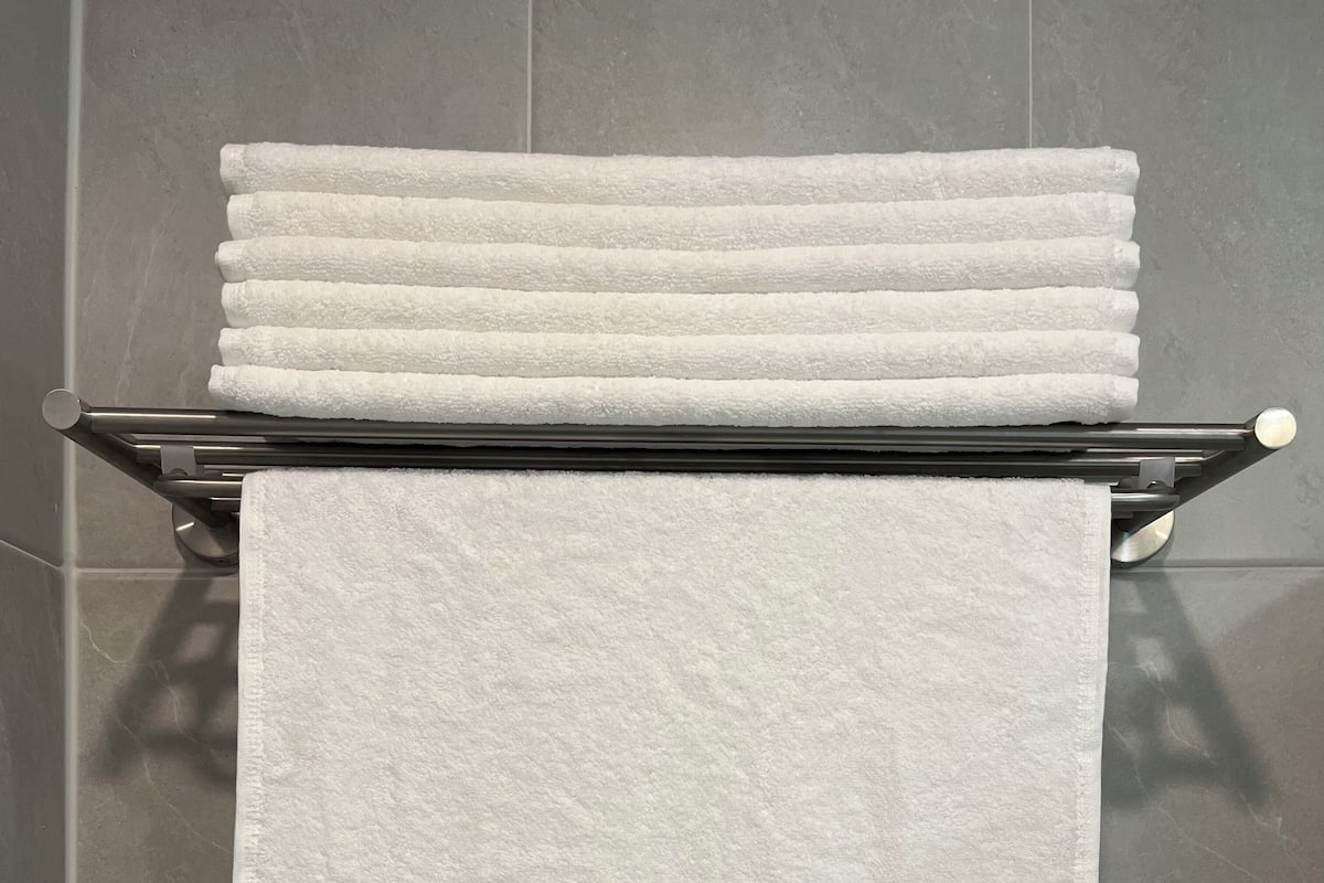 Shower, hair dryer, towels, shampoo