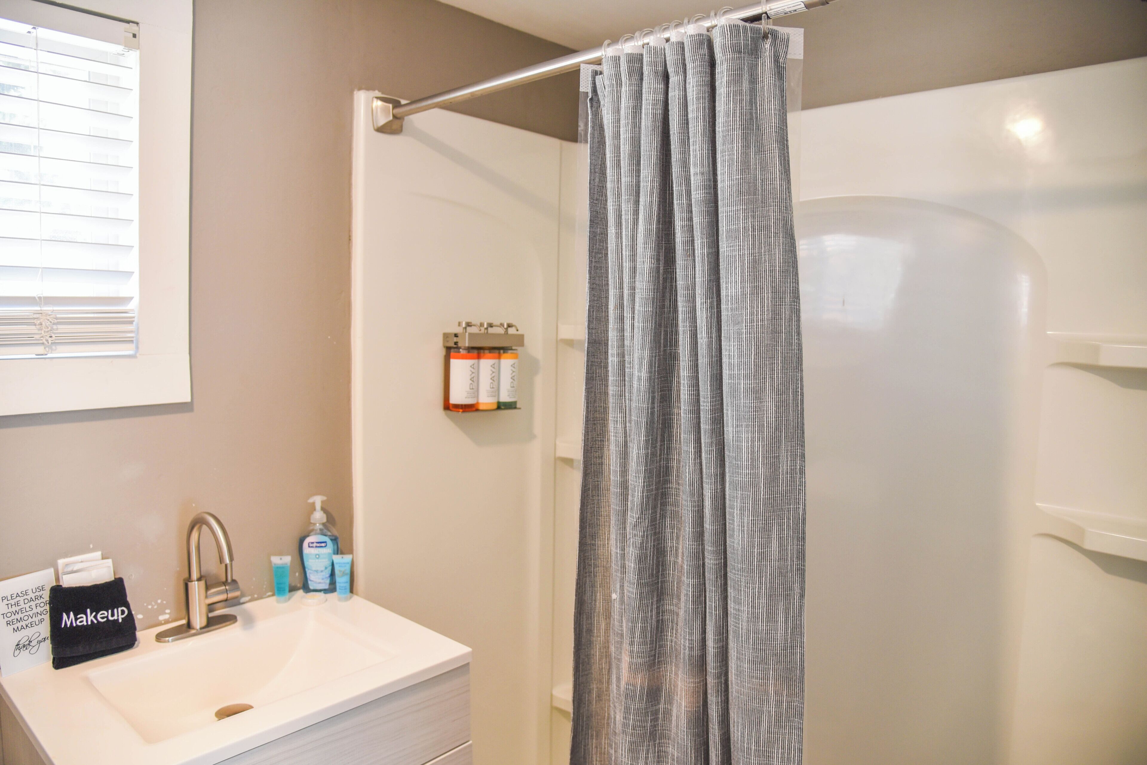 Hair dryer, towels, shampoo