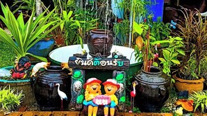 Un jardin agrémenté de diverses plantes et d’objets décoratifs, notamment un potager en forme de cœur et une statuette d’oiseau.