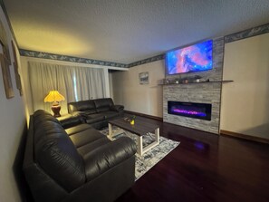 Smart TV, fireplace, books